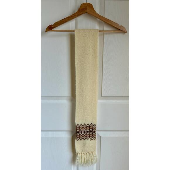 Vintage 70's Long Cream and Brown Scarf with Fringe | Retro Winter Accessories - Picture 1 of 5